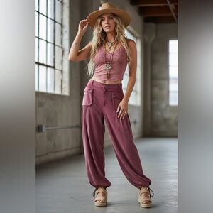 NWT Bluevelvet Plum Drawstring Ankle Jogger Wide Relaxed Fit Lotus Boho Pants